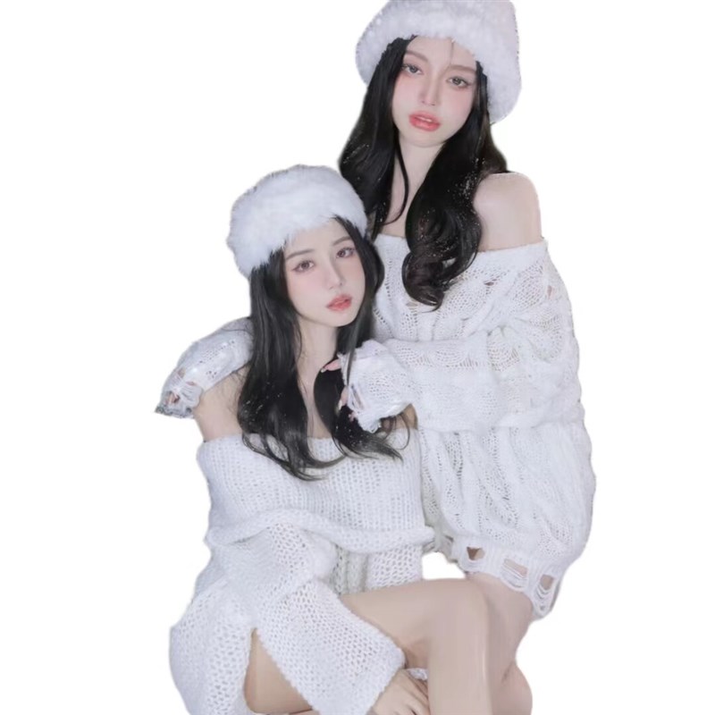 影楼秋冬新款闺蜜圣诞主题拍照服装少女新年慵懒风毛衣艺术照写真