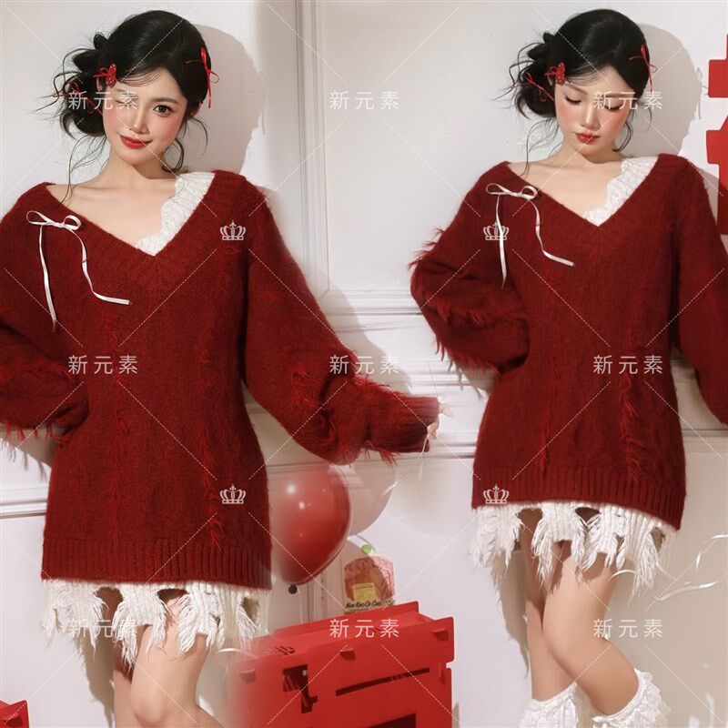 影楼新款新年拍照红色毛衣甜美少女居家慵懒风氛围感写真摄影服装
