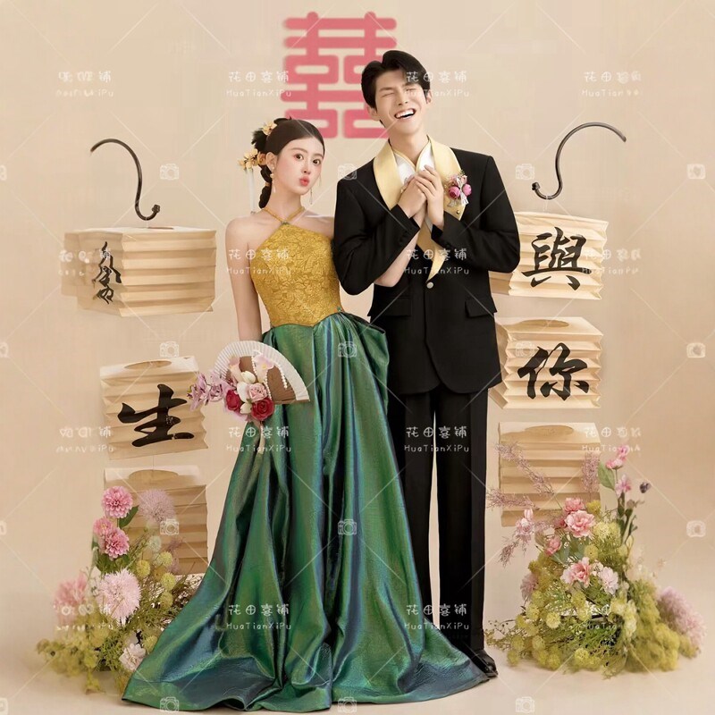 照相馆新中式晨袍高端小清新小众出阁新娘情侣敬酒服订婚洋装晨拍