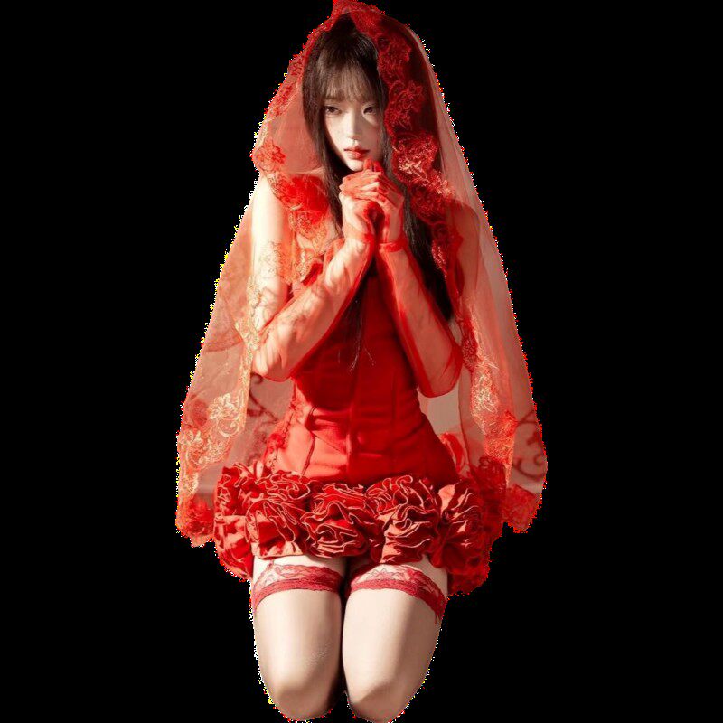 影楼新款法式红色蕾丝抹胸写真服女性感氛围感私房舞台艺术照服装