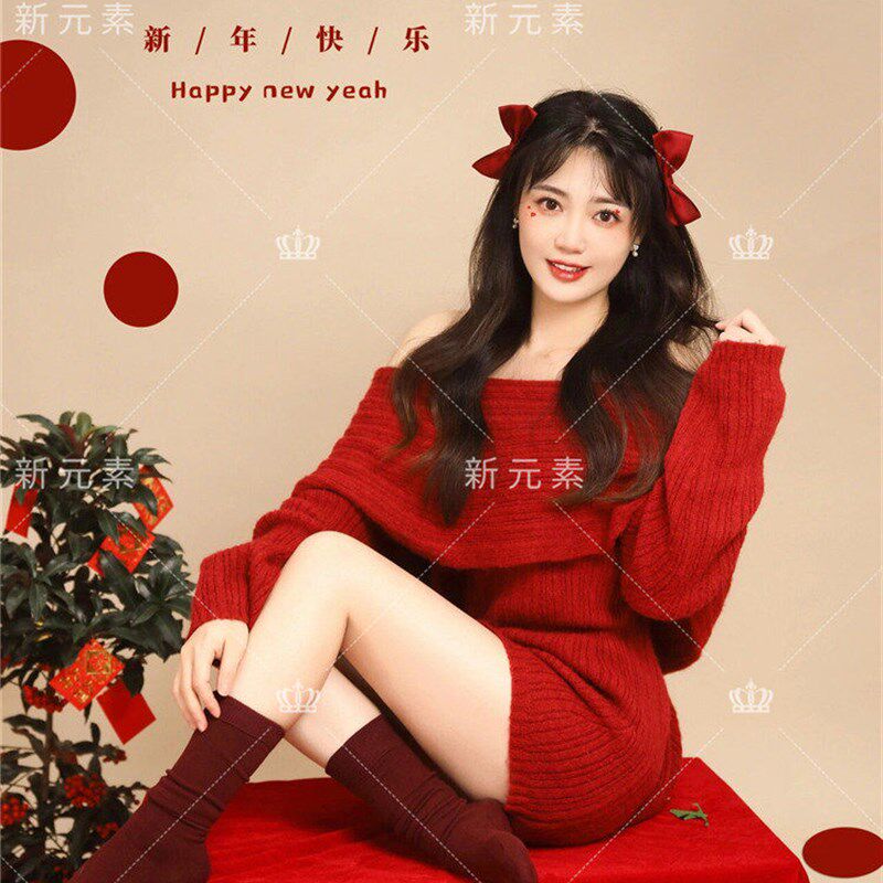 影楼新年主题个人写真拍照红色毛衣甜美少女小清新艺术照摄影服饰