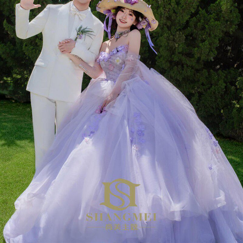 新款草坪婚纱照甜美抹胸花仙子拖尾彩纱礼服影楼旅拍公主俏皮礼服