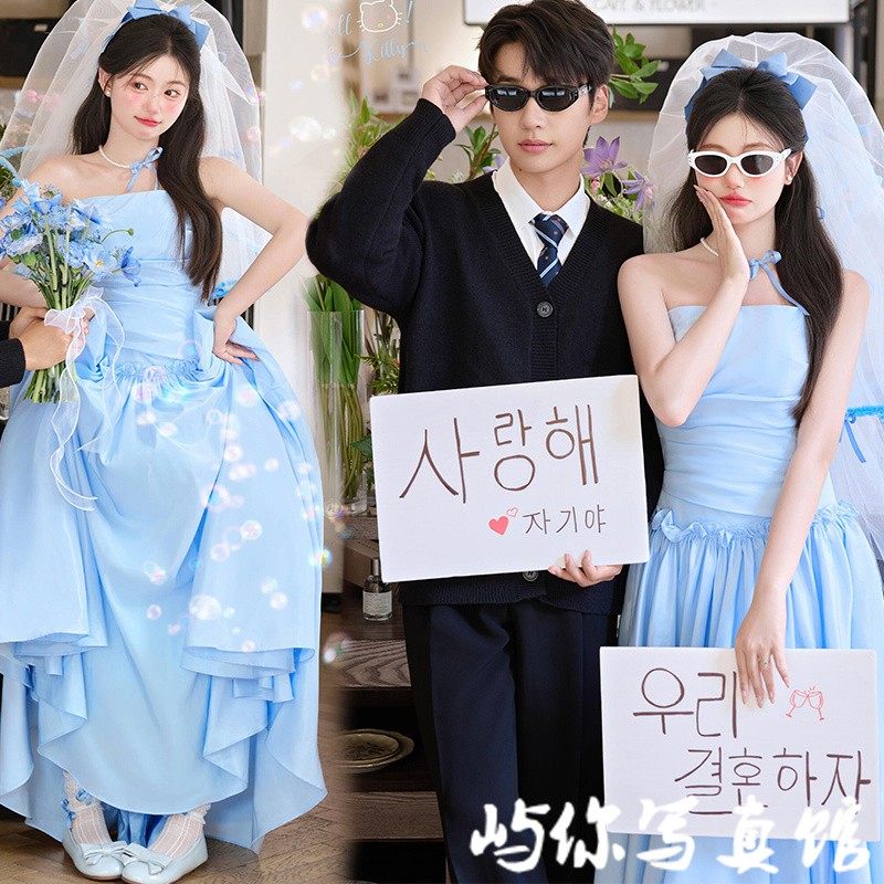 影楼新款时尚情侣夏季小清新甜美蓝色礼服裙晨袍喜嫁主题摄影服装