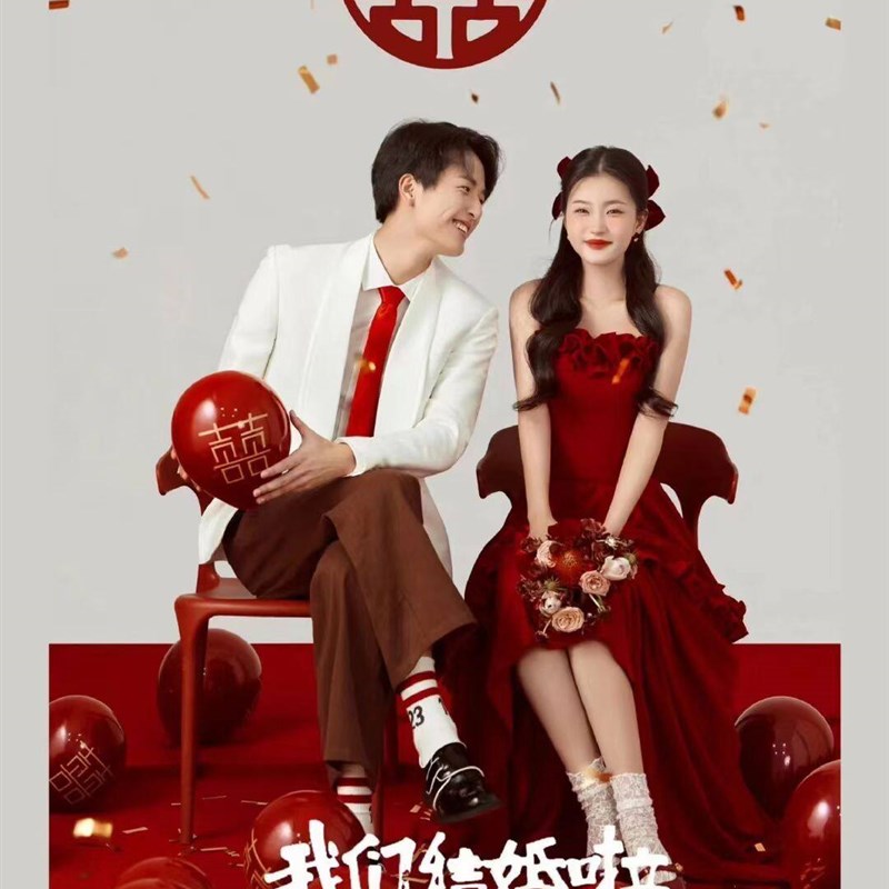 喜嫁复古小众婚纱晨袍订婚礼服敬酒服红色抹胸洋装照相馆主题服装