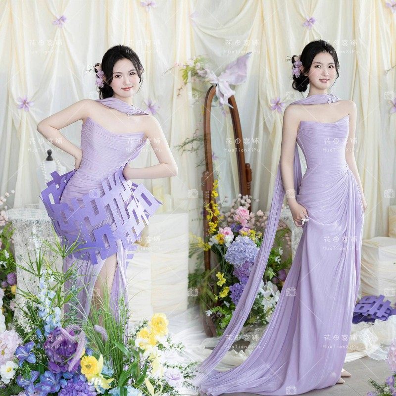 抹胸性感晚礼服主持人年会生日宴会高级感轻奢新娘订婚敬酒服晨袍
