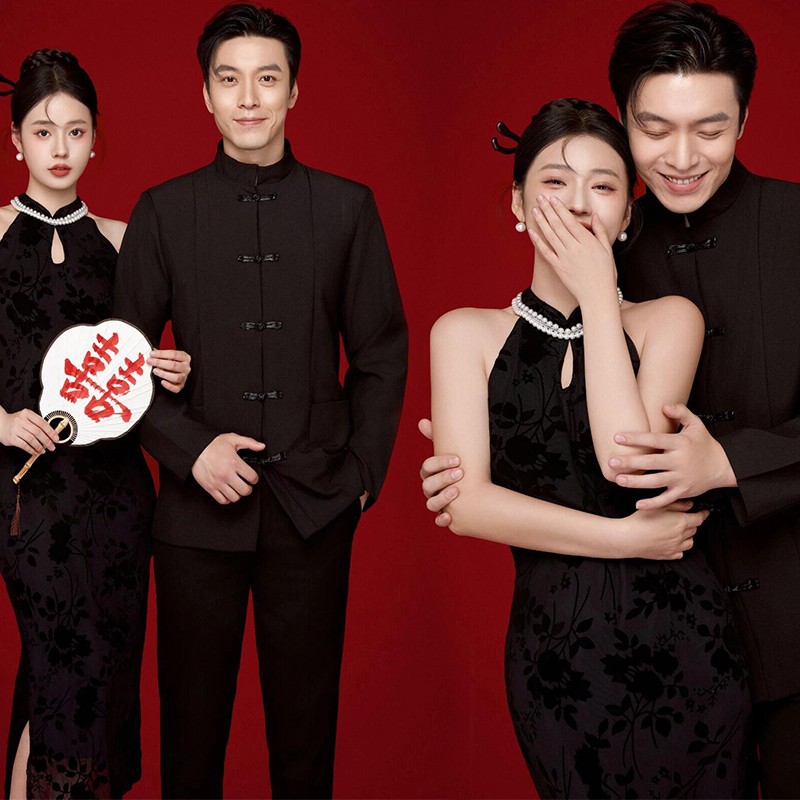 影楼情侣新中式喜嫁风婚纱照黑色旗袍中国风复古新娘晨袍敬酒礼服