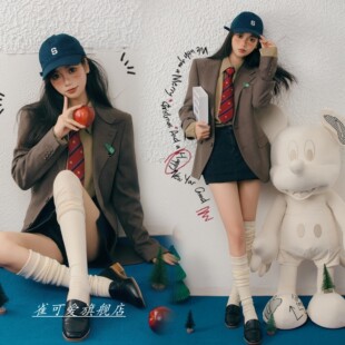 韩版小西装外套 学院风卡其色设计 日系休闲西装女款均码
