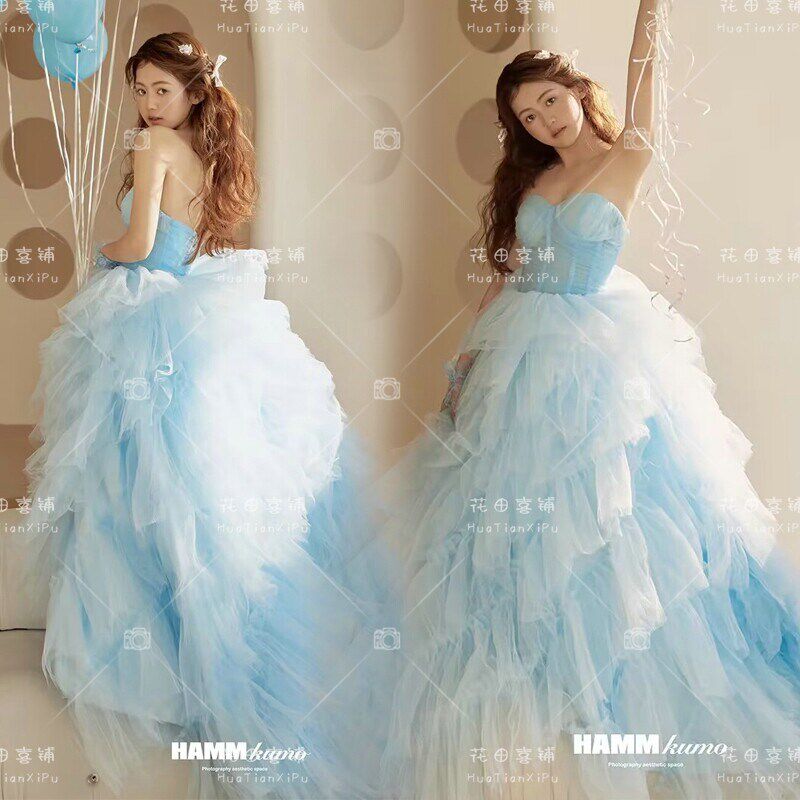 照相馆主题氛围感少女写真蓝色唯美梦幻公主彩纱蓬蓬裙婚纱摄影礼