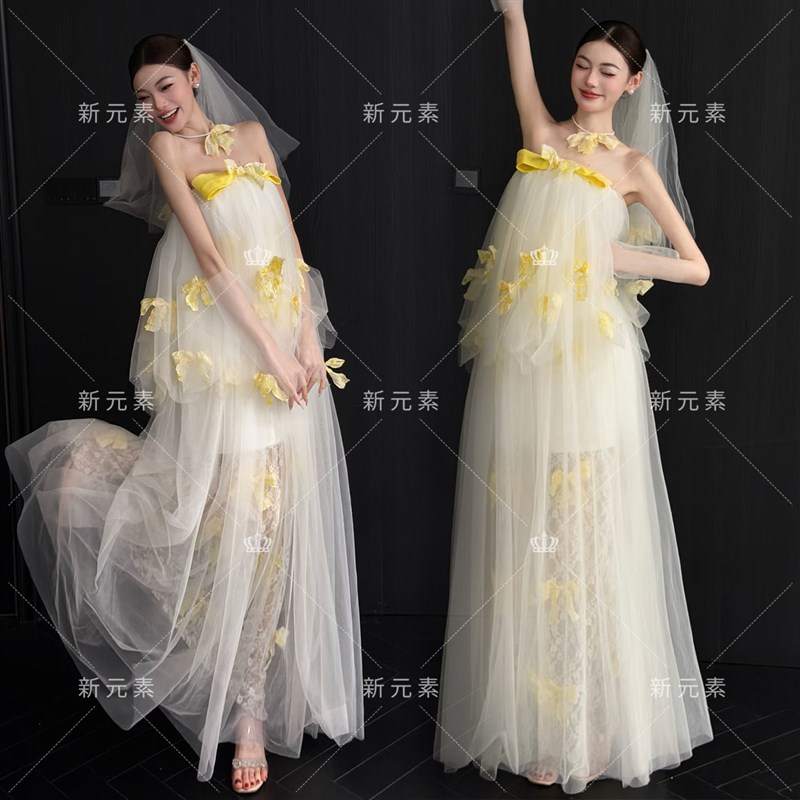 影楼新款晨袍梦幻甜美风蝴蝶结轻婚纱新娘礼服订婚宴敬酒服连衣裙