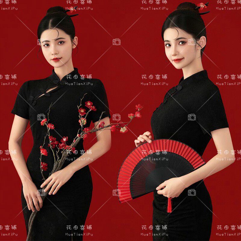 新款影楼新中式写真气质改良版黑色旗袍证件照个人艺术照摄影服装