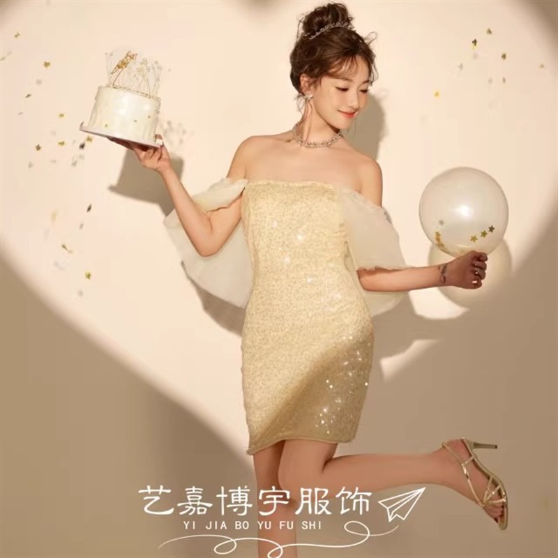 影楼法式气质名媛公主风抹胸连衣裙新款个人生日拍照写真摄影服装