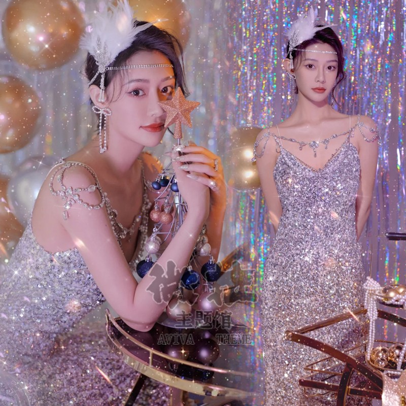 2022新款盖茨比复古风梦幻女神艺术写真吊带亮片鱼尾礼服影楼服装