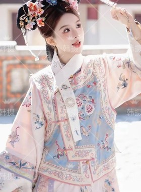 汉服女清代印花古装清朝延吉公主旗袍宫廷格格服两件套旅拍服装女