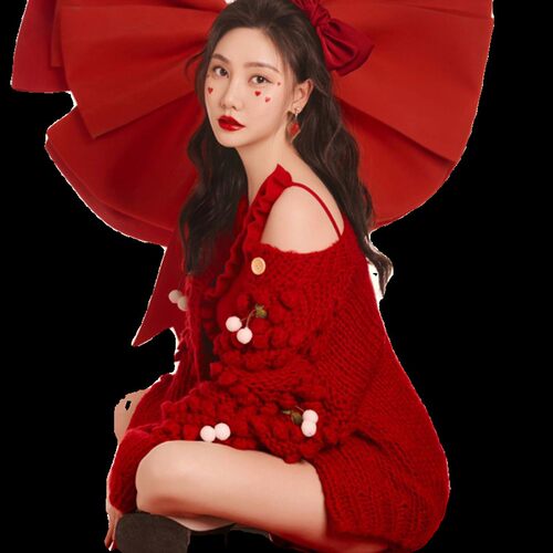 照相馆耶诞主题新年红色毛衣可爱元气少女个人艺术照写真摄影服装