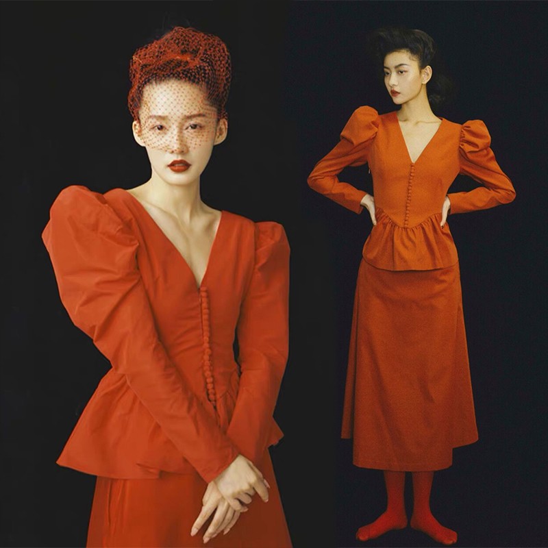 新款影楼主题礼服法式名媛复古画报风宫廷泡泡袖艺术照摄影服装