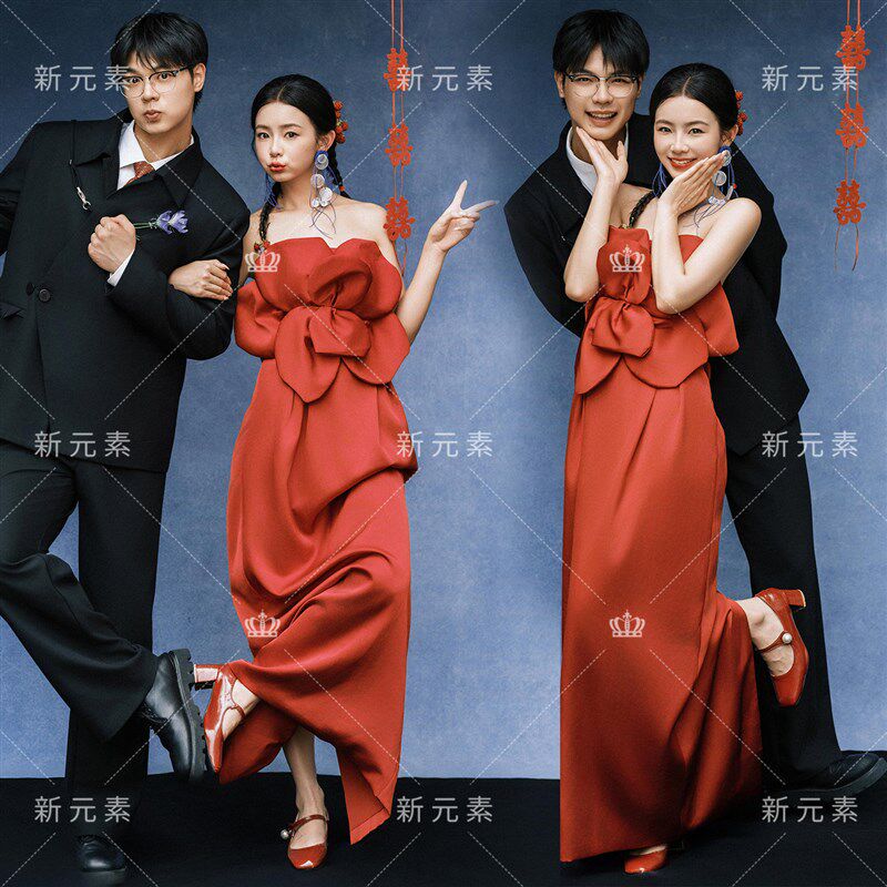 影楼复古新中式喜嫁风红色立抹胸礼服裙新娘结婚小众敬酒服连衣裙