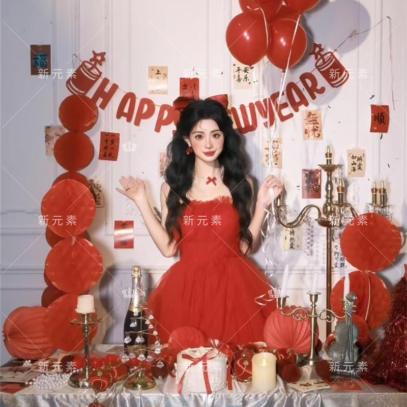 影楼红色抹胸纱裙少女氛围感写真服装画报风生日艺术照摄影连衣裙
