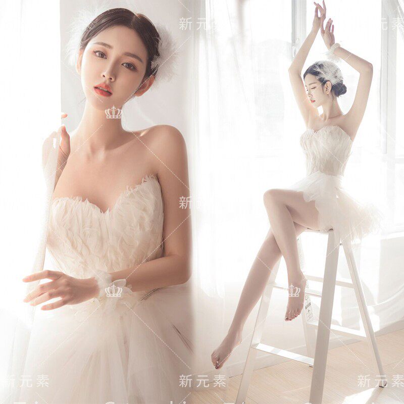 2024新款森系性感唯美芭蕾公主羽毛短裙礼服女艺术照写真摄影婚纱