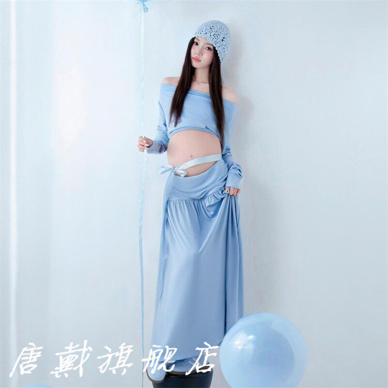 新款孕妇摄影拍照服装小清新修身蓝针织套装孕妈大肚照唯美在家拍