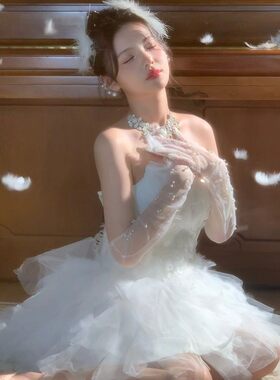 影楼主题碎钻天鹅风写真主题服装白色芭蕾高贵艺术照摄影抹胸礼服