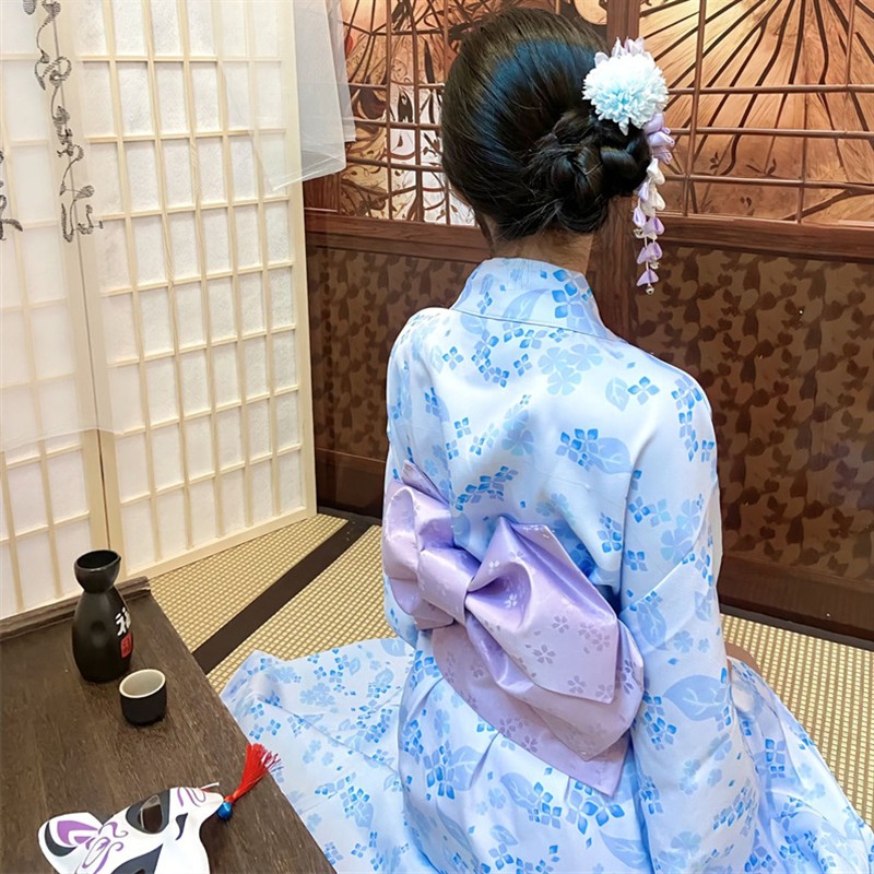 新款日式和服浴衣淡蓝色改良日系少女写真摄影拍照服装