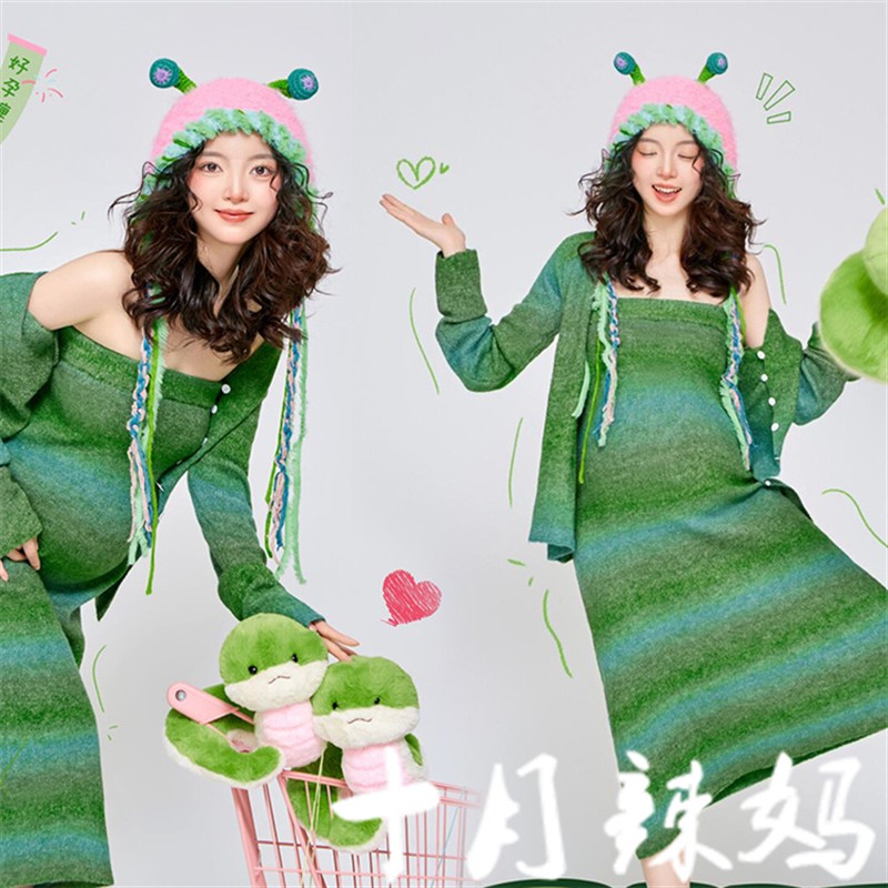 蛇年影楼主题新款孕妇照服装绿色小清新套装可爱风孕妈大肚照写真
