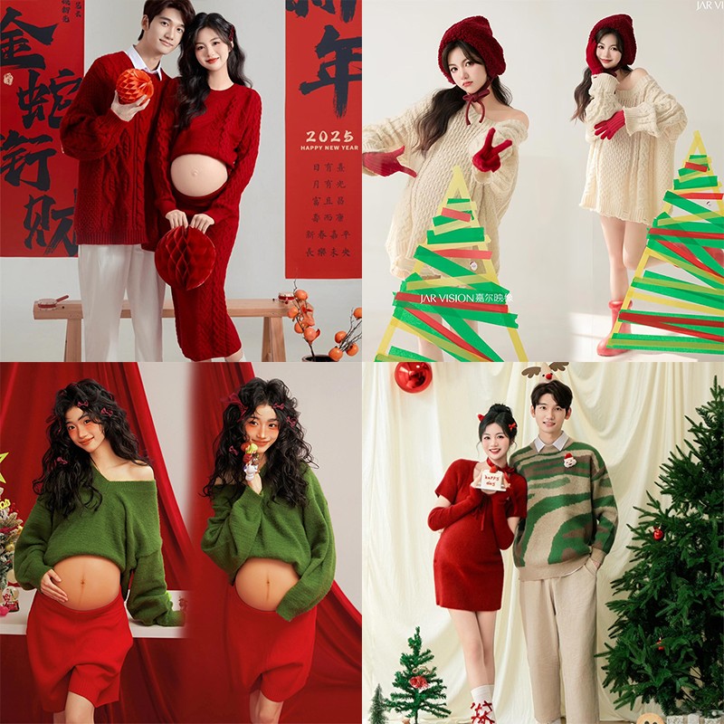 新年主题孕妇拍照服装影楼新款喜庆红色套装情侣孕妈咪大肚照摄影