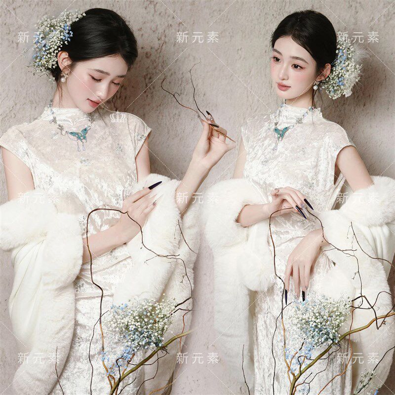 照相馆新中式主题拍照白色旗袍复古国风洋装女高级感写真摄影服装