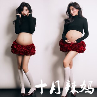 孕妇拍照服装 黑色孕妇装 韩杂高级感个性 孕妇照写真在家拍 影楼新款