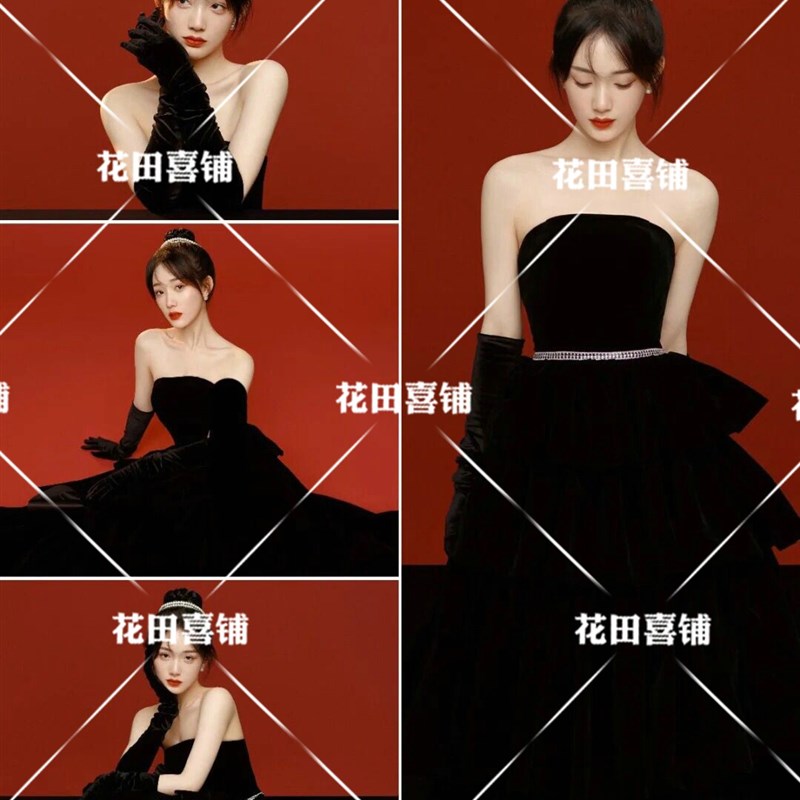 新款影楼高端礼服迪丽热巴同款法式黑丝绒抹胸复古赫本风主题婚纱