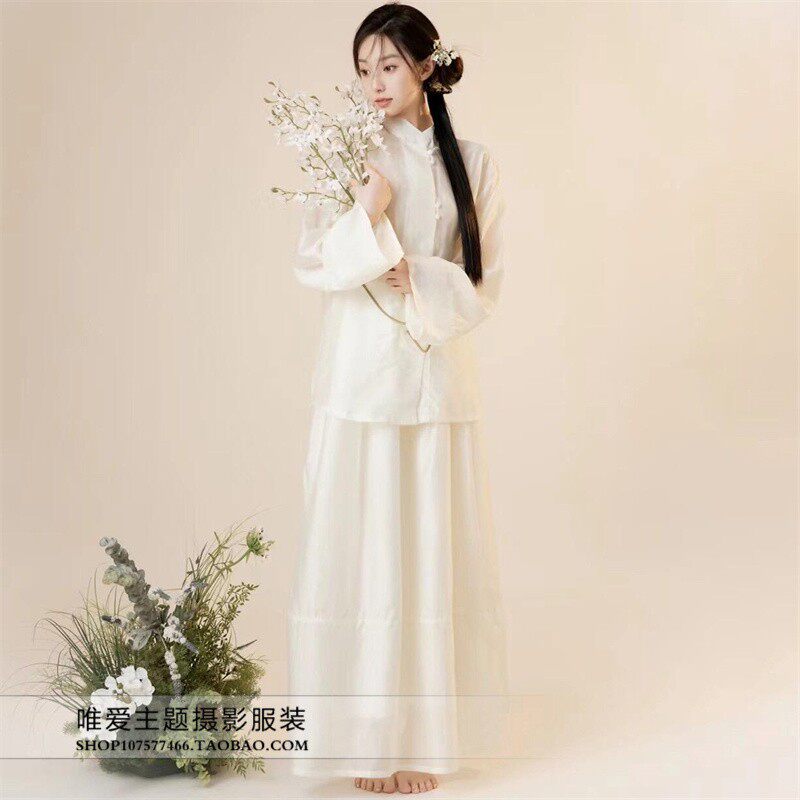 影楼白色中式复古立领长袖套装女文艺清新两件套民族风摄影服装