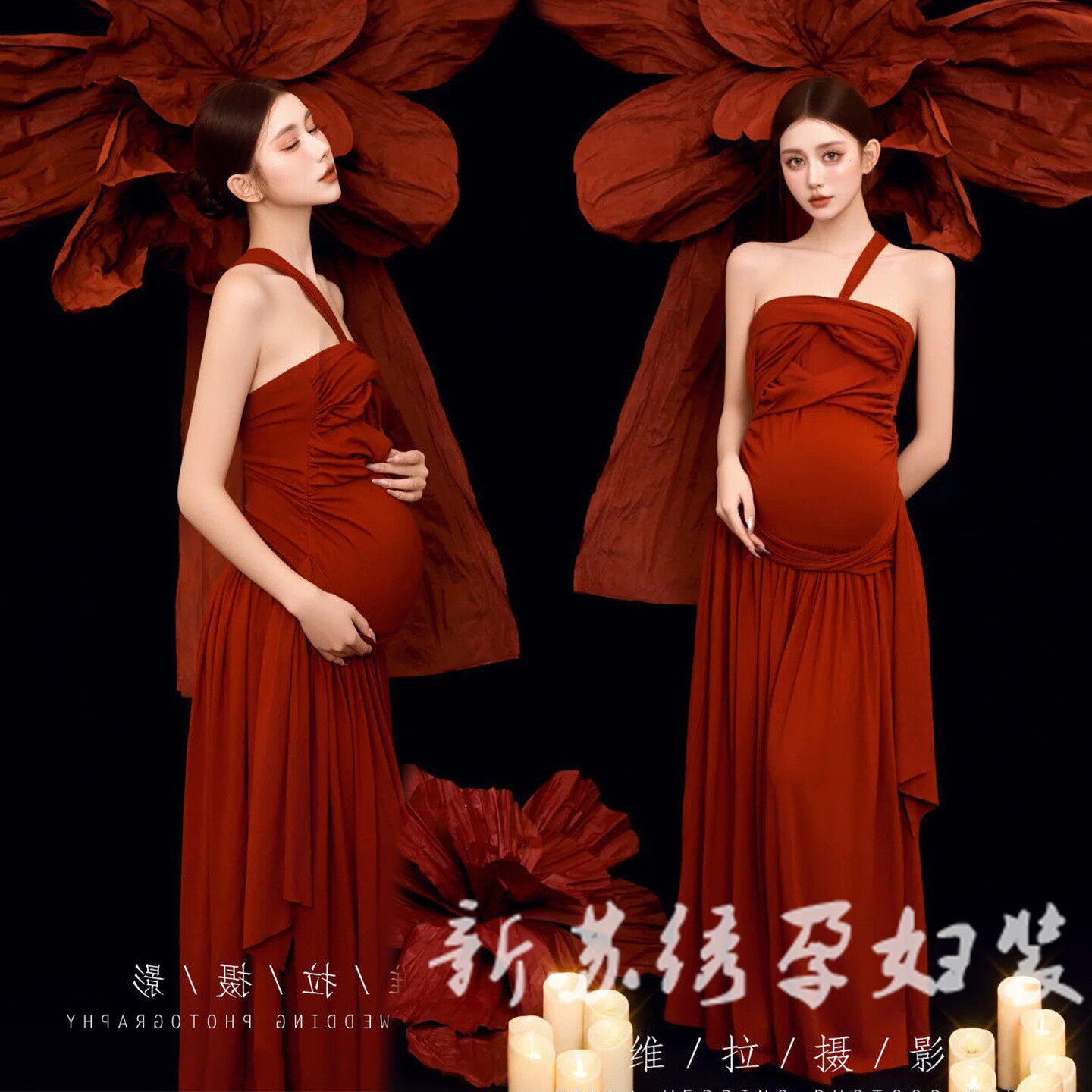 孕妇写真主题影楼新款复古新中式红色连衣裙孕妈咪氛围艺术照服装