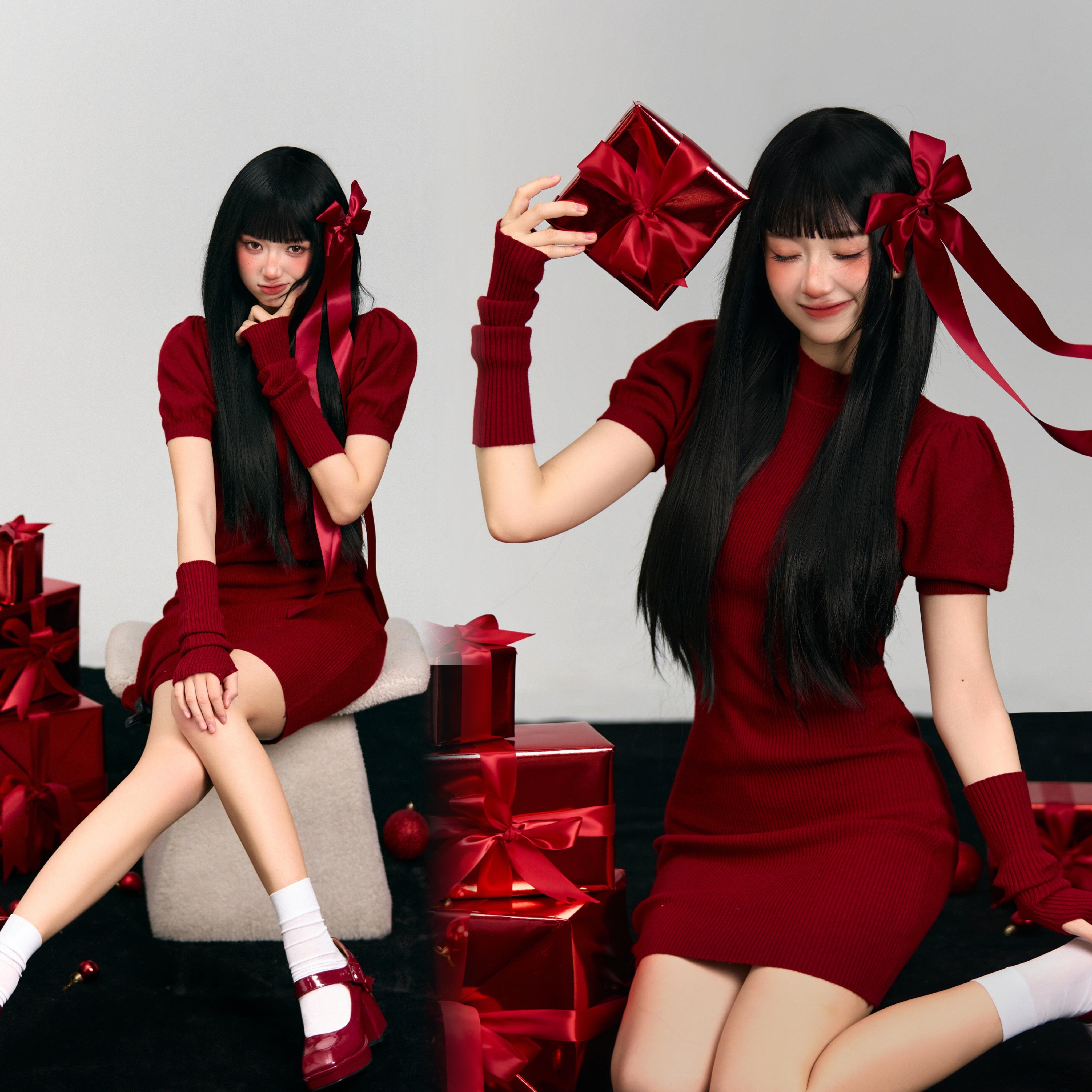 影楼新年主题拍照相红色连衣裙少女韩系氛围感写真艺术照摄影服装