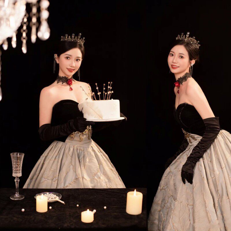 新款影楼轻奢高级感黑色公主风法式宫廷抹胸蛋糕裙礼服婚纱