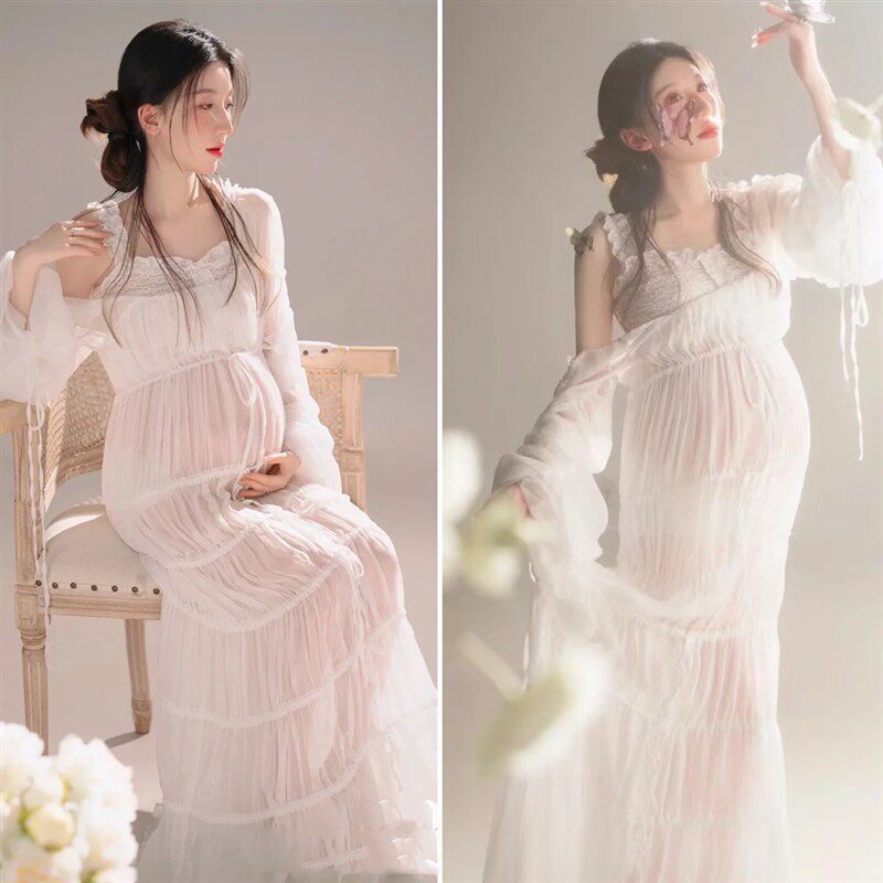 孕妇照服装新款法式复古油画风蕾丝纱裙唯美纯欲风孕妈咪摄影服装