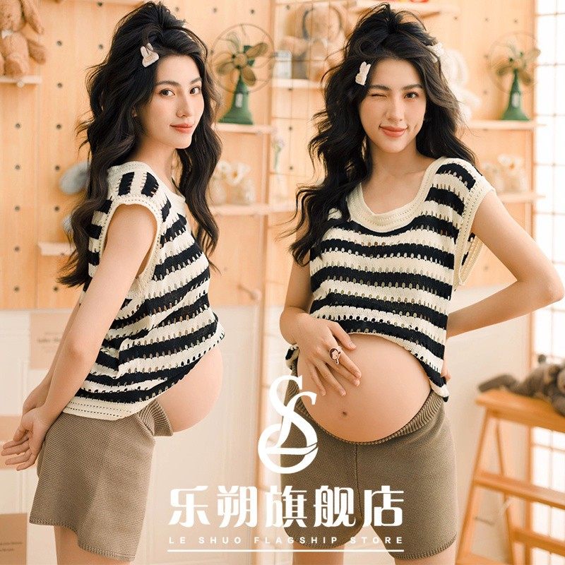 孕妇拍照服装新款影楼主题条纹文艺风复古写真孕妈咪摄影艺术照服