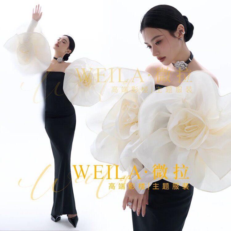 新款影楼主题婚纱服装时尚韩杂画报形象照写真服缎面黑色鱼尾礼服