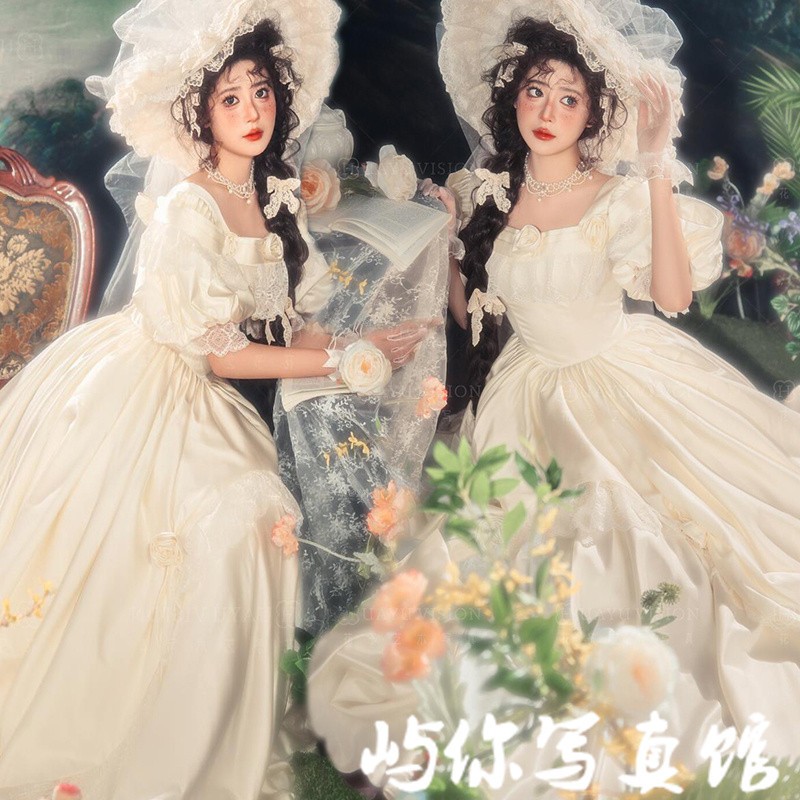 影楼新款时尚个人婚纱主题复古油画风花园少女甜美法式写真摄影服