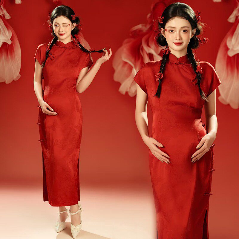 影楼服饰孕妇新年好运新中式红色旗袍女显瘦新娘敬酒服订婚礼服裙