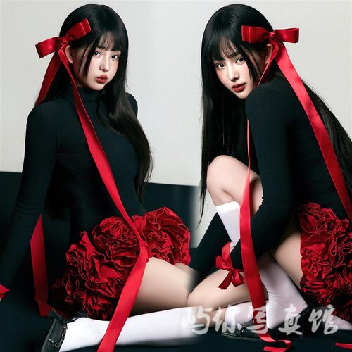 新款照相馆新年主题韩杂纯欲甜美氛围黑色花朵裙艺术照少女摄影服