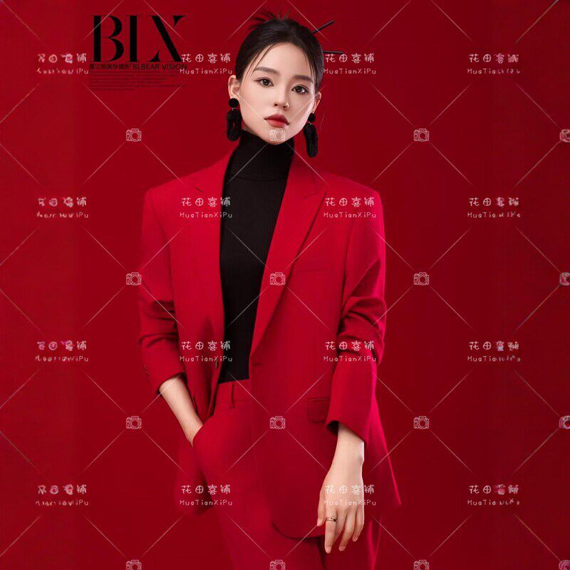 2026个人形象照服装红色西服套装女士肖像写真艺术照摄影演出服饰