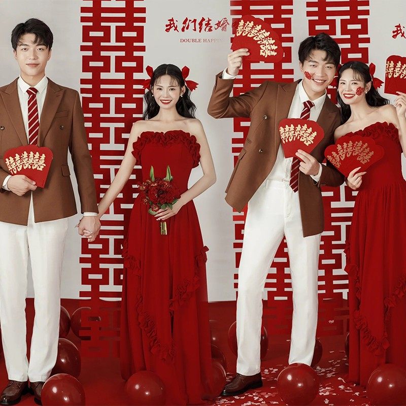 影楼新款婚纱照结婚礼服裙中式复古风红色抹胸连衣裙新娘敬酒礼服,男装,其他民族服装,淘宝优惠券,粉丝福利购,淘宝优惠卷