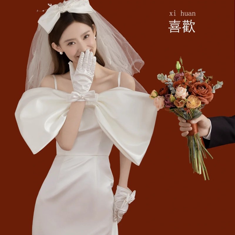 影楼主题服装法式轻复古婚纱情侣写真拍照缎面简约白色小拖尾礼服
