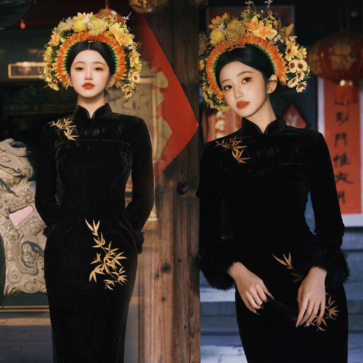 影楼早春新款簪花复古新中式黑色旗袍女竹叶高级感旅拍写真摄影服