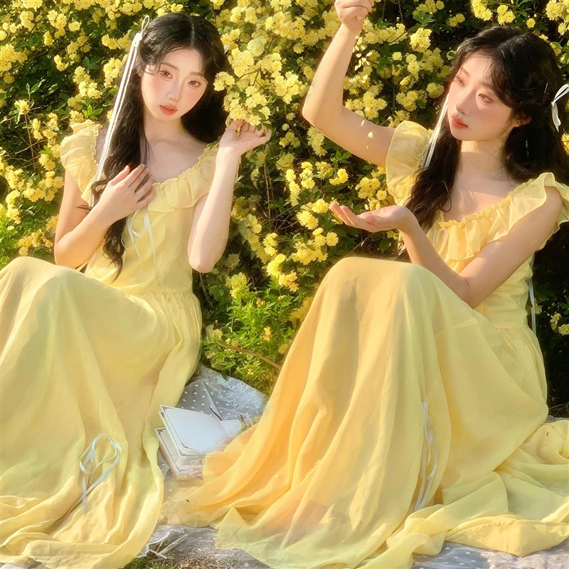 影楼新款森系甜美可爱风田园黄色吊带连衣裙浪漫少女拍照写真服装