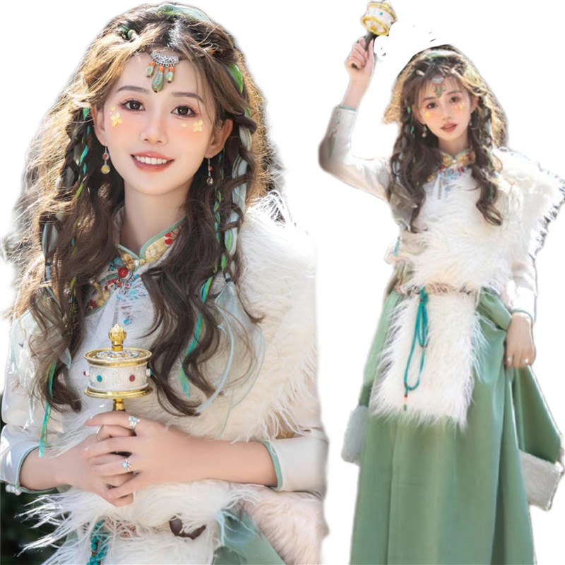 云南网红藏袍蓝色粉色藏族女民族风写真西藏旅拍闺蜜照相馆拍照服