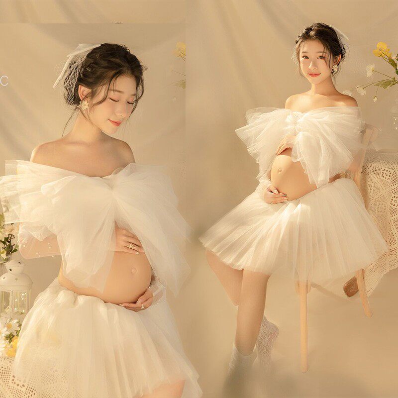 展会新款孕妇拍照服装超仙白色纱裙照相馆拍摄唯美可爱孕妈写真摄