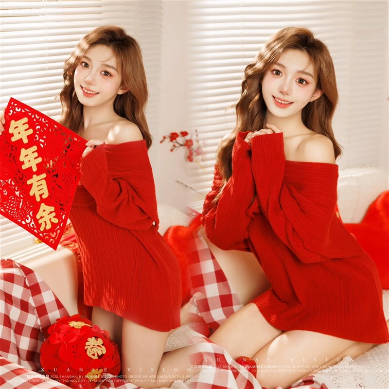影楼新年主题个人写真红色毛衣甜美女孩纯欲小清新艺术照摄影服饰