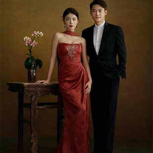 新款影楼拍照主题服装新中式中国风复古婚纱内景抹胸订婚晨袍礼服