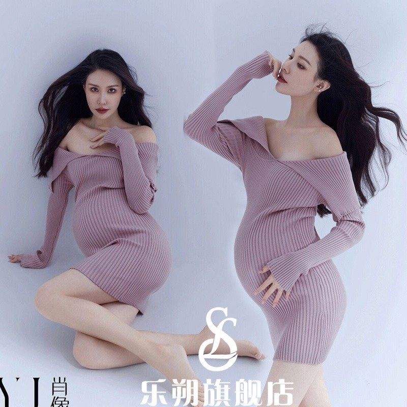 孕妇拍照摄影服装影楼气质孕妈简约肖像照大肚艺术照片修身针织裙
